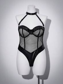 SHEIN Bộ đồ lót liền thân có gọng, phối lưới PU, kiểu dáng thời thượng dành cho người có thân hình đầy đặn. - màu đen - Xem 6