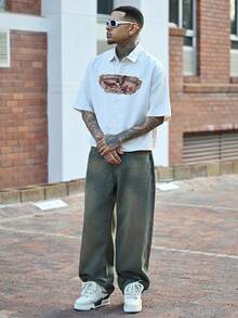 Devon Thys 男式休闲破洞阔腿宽松牛仔裤 - 藍色 - 查看 5