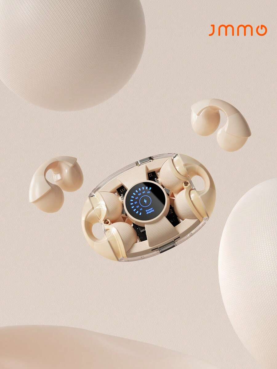 JMMO Wireless Ear Clip Bone Conduction Headphones,Upgrade Open Ear Headphones,Digital Display,Transparent Element Charging Case, Stereo Sound High Quality, Not Falling During Spots - Beige - View 1