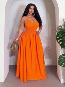 Slaydiva 2026春夏优雅通勤休闲装,生日派对、毕业典礼、学生装、日常外出、百搭单品、休闲度假、邮轮旅行、海滩、日光浴、潮流单品、商务休闲、简约休闲风,适合海滩和夏季穿着。女士无袖收腰A字中长连衣裙 - 橙色,Y2K风格连衣裙,女士长裙,Deeka Wow连衣裙 - 橘色 - 查看 5