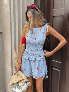 Pariaura French Style White And Blue Plaid Print 2 Pieces Set For Women, Cute Summer Vacation Holiday Outfits, Sleeveless Tie Shoulder Cinched Waist Ruffle Co Ord - Blue - View 6