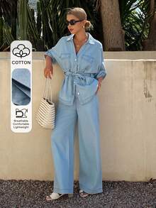 DAZY Conjunto de camisa vaquera de manga corta con cuello y cintura ceñida, y pantalones largos de corte holgado para vacaciones y uso casual - Lavado ligero - Ver 1