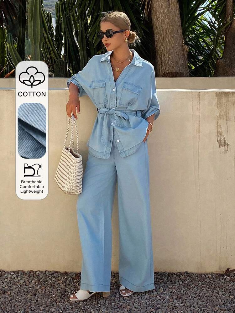 Women's Collared Short Sleeve Cinched Waist Waist Denim Shirt And Loose Fit Long Pants Vacation & Casual Denim Set