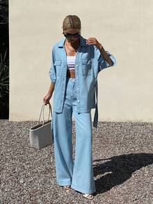 DAZY Conjunto de camisa vaquera de manga corta con cuello y cintura ceñida, y pantalones largos de corte holgado para vacaciones y uso casual - Lavado ligero - Ver 3