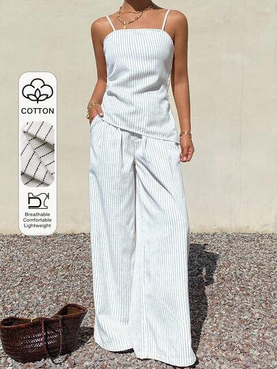 DAZY Conjunto de Denim Estilo Férias com Regata Listrada e Calça Pantalona Plissada Solta para Mulheres