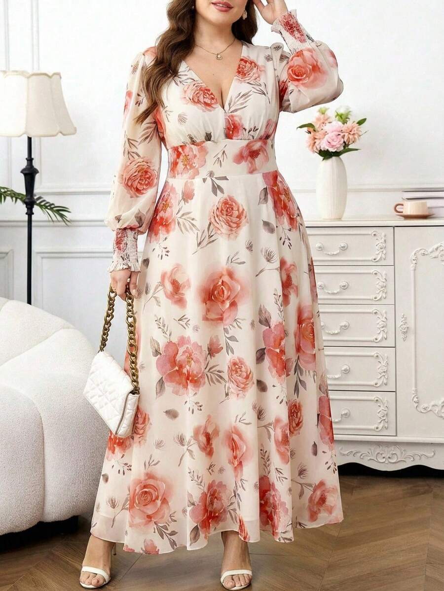 Reflora 新款奢华优雅宽松V领长袖连衣裙