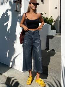 DAZY Women's Regular Mid-Waist 3/4 Rhinestone Embellished Casual Jeans - Medium Wash - View 5