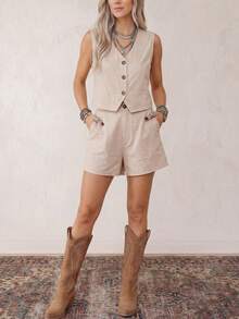 Wildy 波西米亚风夏季女士V领纽扣衬衫，A字短裤两件套，纯棉水洗休闲度假背心短裤套装，女士休闲装 - 杏色 - 查看 5