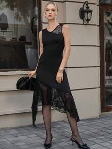 Opuloom New Sleeveless Lace Patchwork Asymmetrical Maxi Dress, Elegant For Daily, Vacation, Date, Party, Commute, Spring/Summer Lace Black Dress Classy Black Dress Black Elegant Dress Women Black Sleeveless Dress Black Cocktail Dress Black Lace Dress Sleeveless Black Dress Elegant Black Dress Black Dinner Dress Ladies Dresses Body Fitting Dress - Black - View 3