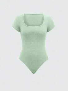Olithes 2pcs Set Square Neck Short Sleeve Romper And Drawstring Long Pants, Casual - Mint Green - View 7