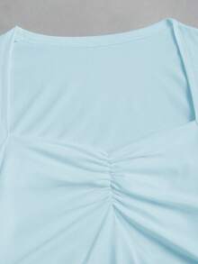 Olithes Áo dệt kim dài tay cổ chữ U ôm sát, gợi cảm và thời trang, có chi tiết nhún bèo bên hông, xếp ly phía trước, cổ tay xẻ, màu trắng, thích hợp cho mùa Thu/Đông. - Màu xanh nhạt - Xem 3