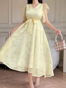 DAZY Vestido largo elegante con lentejuelas francés, vestido fluido para mujeres - amarillo ganso - Ver 2