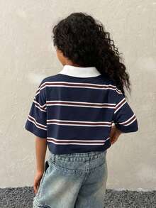Tween Girls ' Spring/Summer Form-Fitting Striped Contrast Color Polo Neck T-Shirt - Blue - View 3