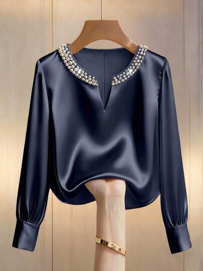 Franclia Women's Champagne Elegant V-Neck Pearl Decor Long Sleeve Blouse, Satin Fabric, Suitable For Commuting And Everyday Elegant Wear