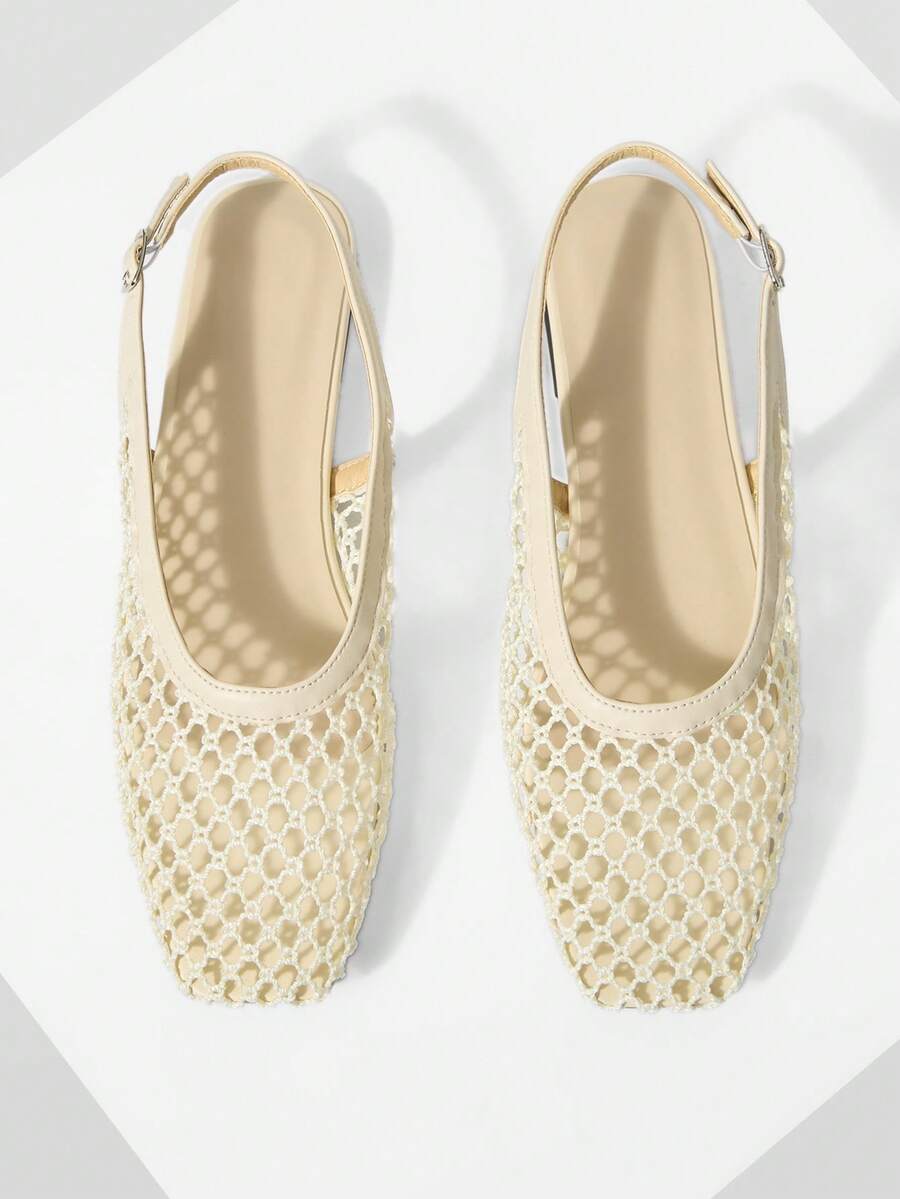 Mnmlis 女士新款时尚编织镂空平底方头套脚鞋 - 米白1 - 查看 1
