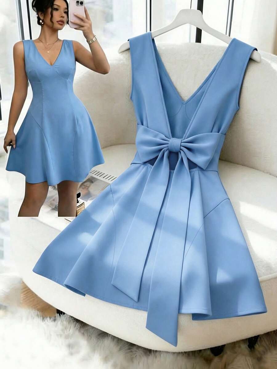 Franclia 女士短款简约时尚蝴蝶结连衣裙 - 藍色 - 查看 1