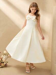 Tween Girl Solid Color Bow Decor Elegant Camisole Party Dress Elegant Dresses For Girls Flowergirl Dress - Champagne - View 3
