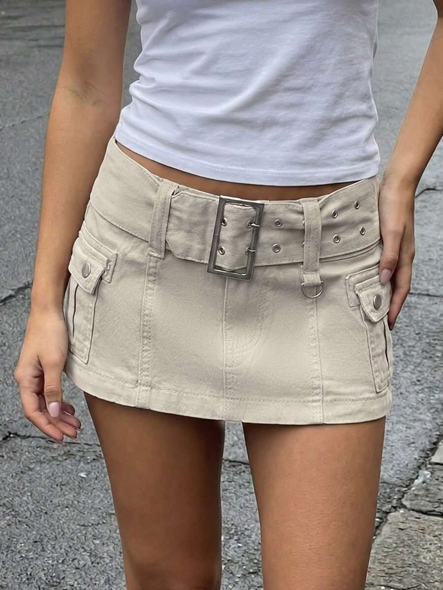 SHEIN ICON Chân váy denim ngắn cạp thấp thắt lưng phong cách thường ngày mùa hè dành cho nữ - Màu be - Xem 1