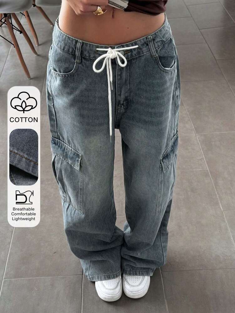 Women's Cotton Vintage Loose Straight Leg Washed Blue Jeans For Spring Casual Wear Y2k