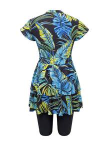 Swim Mulvari Women's New Arrival Green Printed 2-Piece Swimwear, Round Neck Ruffle Sleeve Crop Top And High-Waisted Ruffle Hem Shorts, Fashionable Beach Party Holiday Swimwear Set - Multicolor - View 7