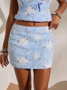 Opulessa Women's Elegant Floral Sequin Embroidered A-Line Skirt, Summer - Brown - View 1