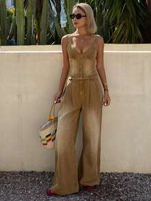 DAZY Bộ đồ nữ gồm áo không tay và quần jeans ống đứng, thích hợp cho mùa xuân/hè. - Màu Khaki - Xem 1