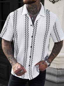 VENTUSAIL 男士白色纹理针织提花休闲短袖衬衫 男士钩针衬衫 男士衬衫 男士衬衫 黑白夏威夷衬衫 - 白色 - 查看 5