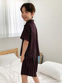 Dazy Kids Tween Boy All-Over Print Single-Breasted Short Sleeve Top And Shorts Casual Loungewear Pajama Set Summer - Brown - View 2
