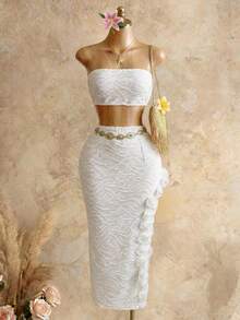 Mistrie 女士纯色抹胸上衣和荷叶边高开衩裙两件套 - 黑與白 - 查看 1