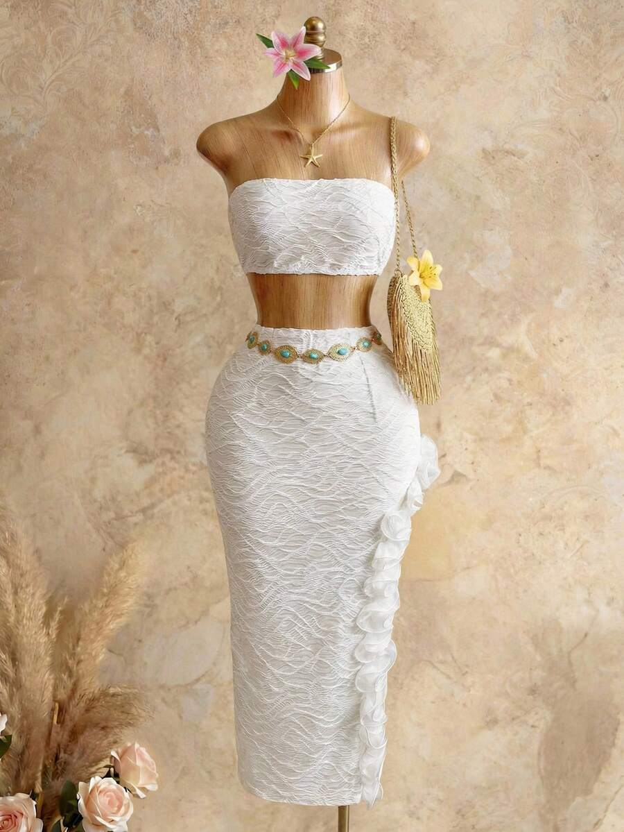 Mistrie 女士纯色抹胸上衣和荷叶边高开衩裙两件套 - 黑與白 - 查看 1