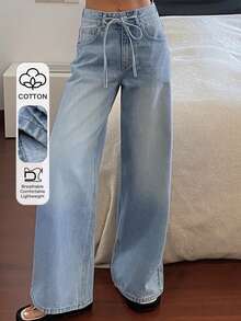 DAZY Celana Jeans Wanita Regular Pinggang Sedang Dekoratif Kasual Potongan Lurus Y2k - Light Wash - View 1