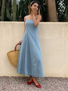 DAZY Đầm denim hai dây mùa hè dành cho nữ, kiểu dáng nghỉ mát. - Rửa trung bình - Xem 5