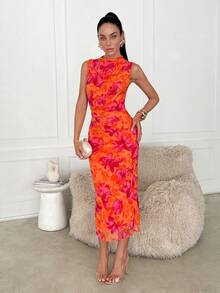 Lavishia Tropical Print Sleeveless Pleated Romantic Elegant Fitted Dress - Burnt Orange - View 5