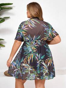SHEIN CURVE+ 大码女式树叶印花V领系带腰部罩衫连衣裙，夏季、度假和海滩穿着，女士度假服装 - 黑色 - 查看 2