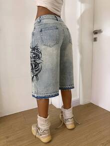 StreetHx Y2K Casual Retro Street Style Printed Low-Waist 7/8 Length Jeans - Light Wash - View 2