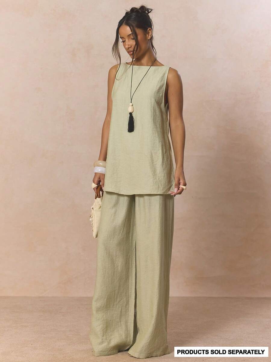 MUSERA Pantalón ancho con cintura elástica y pierna fluida, solo Bottom, lindo conjunto primaveral de vacaciones, estilo dulce y casual de azúcar y sal para el verano - Caqui - Ver 1