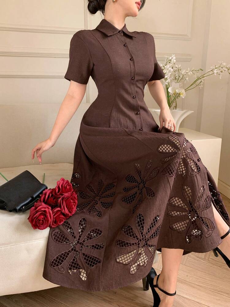 Women's Elegant Commuter Hollow Embroidered Front Button Waist Dress, Summer Dress Sundress