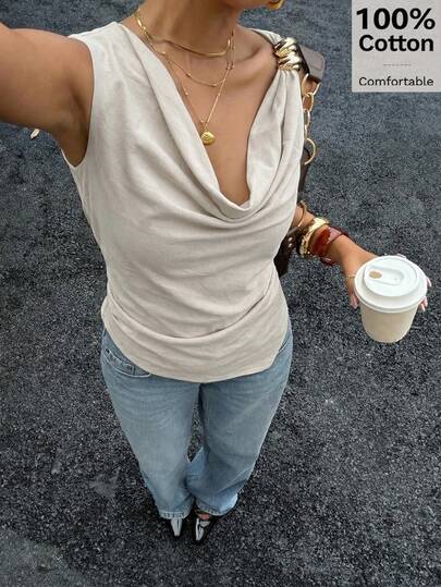 Siren Gaze 女士不对称领口垂褶褶皱腰身衬衫，性感优雅的OL上衣，肩部饰有金属纽扣，时尚百搭，通勤、休闲、度假、海滩、夏威夷风情皆宜，垂褶领口设计，可作外套穿着。