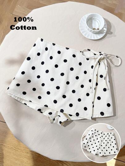 Comfortcana Plus Size Contrast Polka Dot Print Denim Shorts Summer Outfit For Women Spring Clothes Women Easter Shorts Women Beach Outfit For Women Going Out Shorts Vacation Outfits Women Casual Shorts For Women Casual Outfit For Women Polka Dot Shorts White Shorts Women's Polka Dot Print Shorts Skorts With Tie Waist Fashion Summer Hot Pants