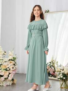 SHEIN Pitira Teen Girls Ruffle Trim Flounce Sleeve Belted Dress Graduation Dress - Mint Green - View 3