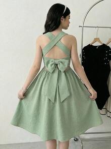 少女露背镂空大蝴蝶结纯绿色纹理面料无袖优雅度假连衣裙 - 綠色 - 查看 9