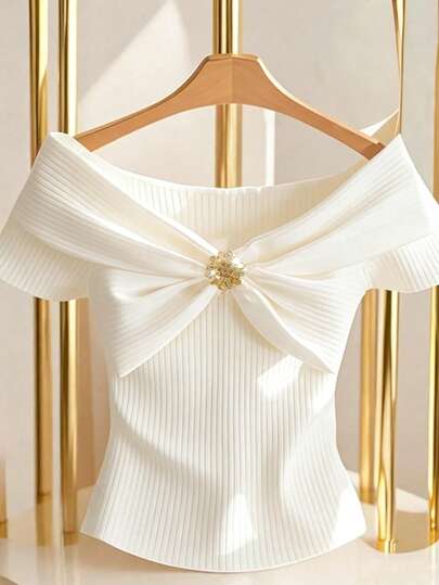 Franclia French Luxury Bowknot White Ribbed Off-Shoulder Elegant T-Shirt, New Summer Women's T-Shirt, White T-Shirt, Graceful Office Wear, Birthday Party