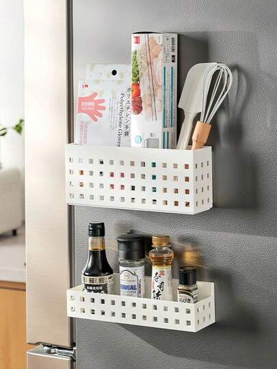 Madebyblanc Magnetic Fridge Storage Rack, Multi-Functional Fridge Side Organizer, No-Drill Magnetic Storage Box And Bracket, With Strong Magnetism And Good Design, For Kitchen Spice Bag Plastic Packaging Straw, Suitable For Fridge Cabinet Door Countertop Hanging Storage Basket, Multi-Functional Makeup Brush Stationery Small Items, Short Length Long Length White, Prevent Sliding, Practical Home Storage Solution