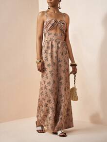 Zivah Retro Brown Floral Jumpsuit For Women Summer Boho Vacation Holiday Embroidered Spaghetti Strap Twisted Hollow Decor Beach Party Wedding Guest Outfit - Brown - View 9
