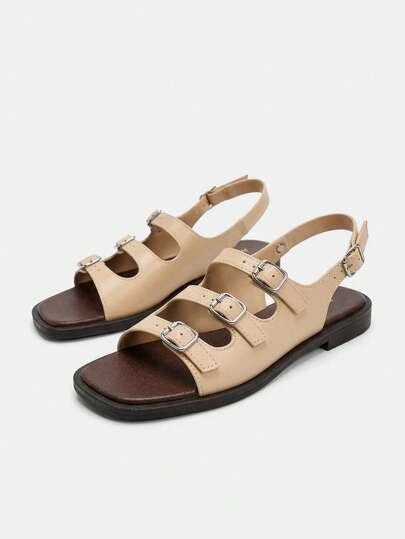 Lumivelle 2025 Summer New Khaki Low-Top Women's Sandals, Multi-Strap Buckle Closure, Retro French Chic Beach Shoes, Soft Flat Roman Sandals, Fashionable Party Slippers, Comfortable Casual Home Shoes, Suitable For Christmas, Parties, Festivals (Run Small By 1 Size)