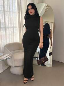 SHEIN SXY 露背金属扣无袖连衣裙 - 黑色 - 查看 5