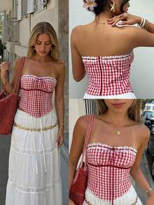 Aloruh Áo không tay mới cho nữ, kiểu dáng corset ống màu đỏ trắng kẻ caro với viền ren và nơ trang trí, phong cách Y2K, thích hợp cho mùa xuân/hè, đi biển, nghỉ lễ, hè, đi chơi. - Đỏ và trắng - Xem 9