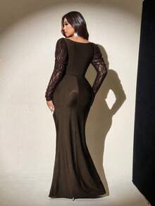 Viva Relle 大码女士纯色方领灯笼袖连衣裙，浪漫优雅，适合婚礼宾客、毕业典礼、舞会、节日、生日、教堂礼拜、夜间外出、派对等场合，是女士奢华晚礼服的理想之选。 - 棕色 - 查看 2