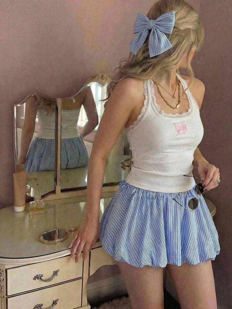 SHEIN MOD 蓝白条纹蝴蝶结装饰泡泡裙 - 藍白色 - 查看 1