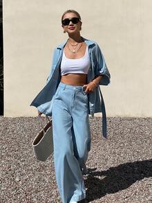 DAZY Conjunto de camisa vaquera de manga corta con cuello y cintura ceñida, y pantalones largos de corte holgado para vacaciones y uso casual - Lavado ligero - Ver 5